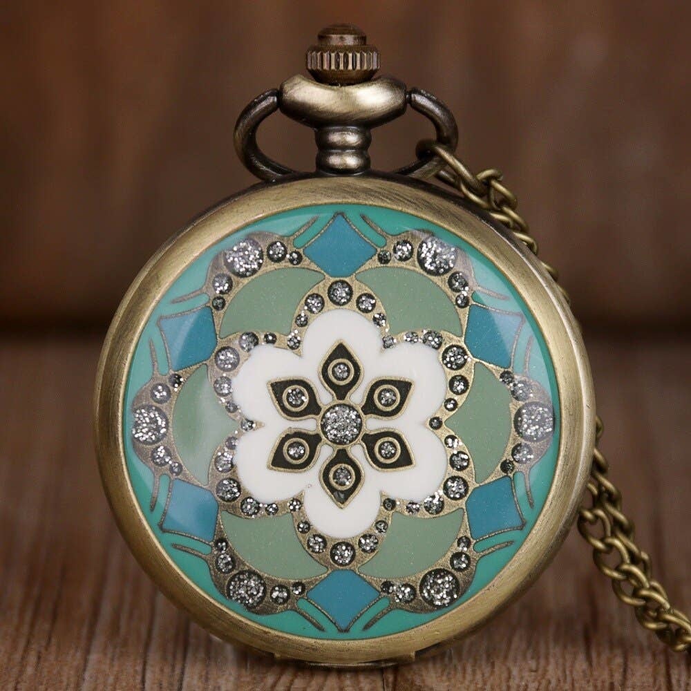 Turquoise NEW NEW Pocket Watch Enamel & Crystal Blue Aqua Floral Pattern